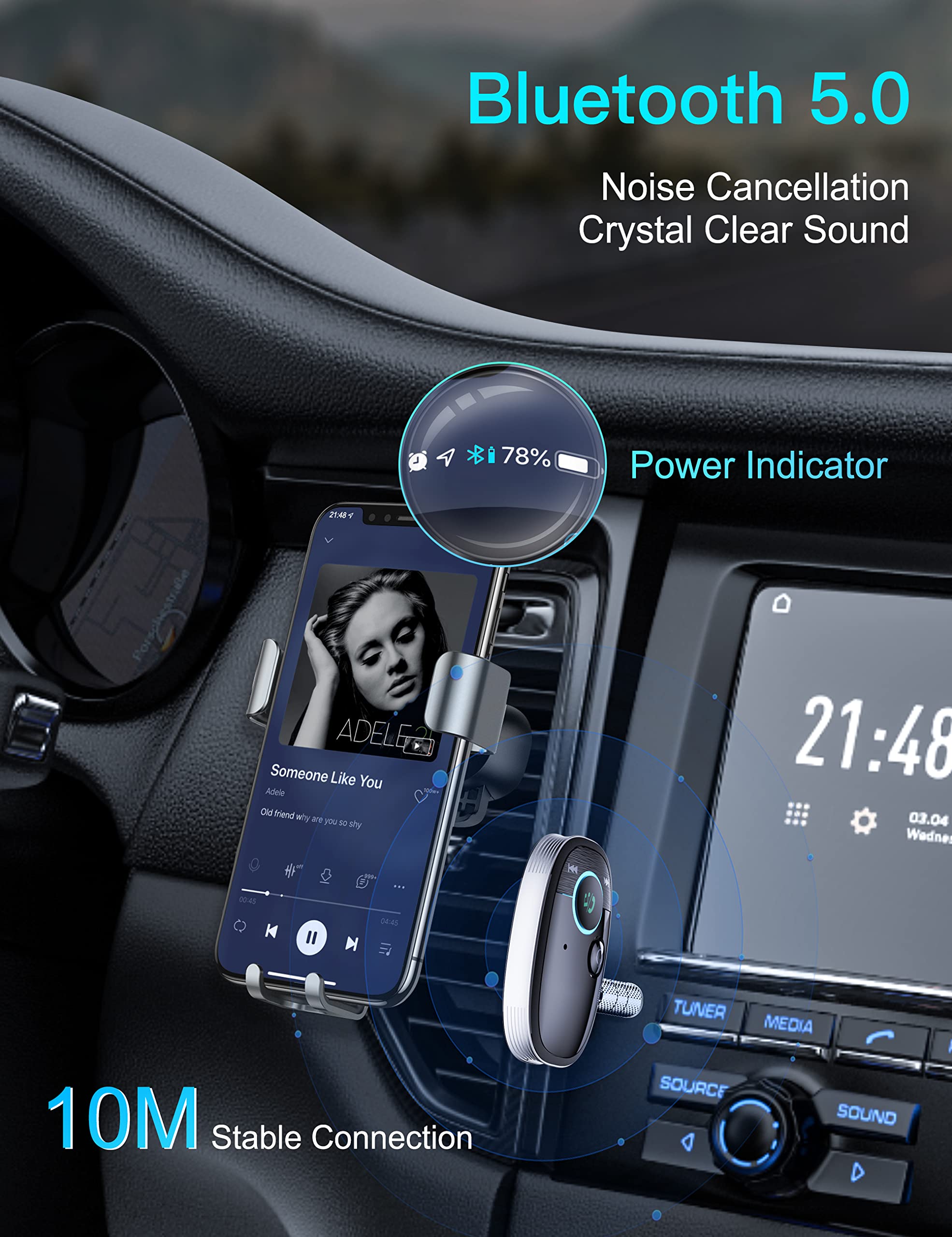 Arsvita Bluetooth Aux Receiver For Car, Portable Audio Adapter With Bluetooth 5.0, Music Streaming For Home Stereo, Wired Headphones, Speakers, Black